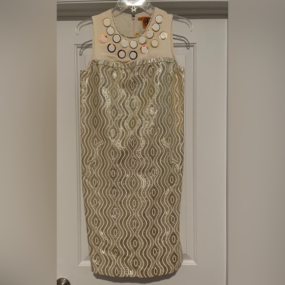 Tory Burch CLAYTON Gold Metallic Ivory Gold Silk Shift Dress Size 2 NWT - Picture 3 of 9